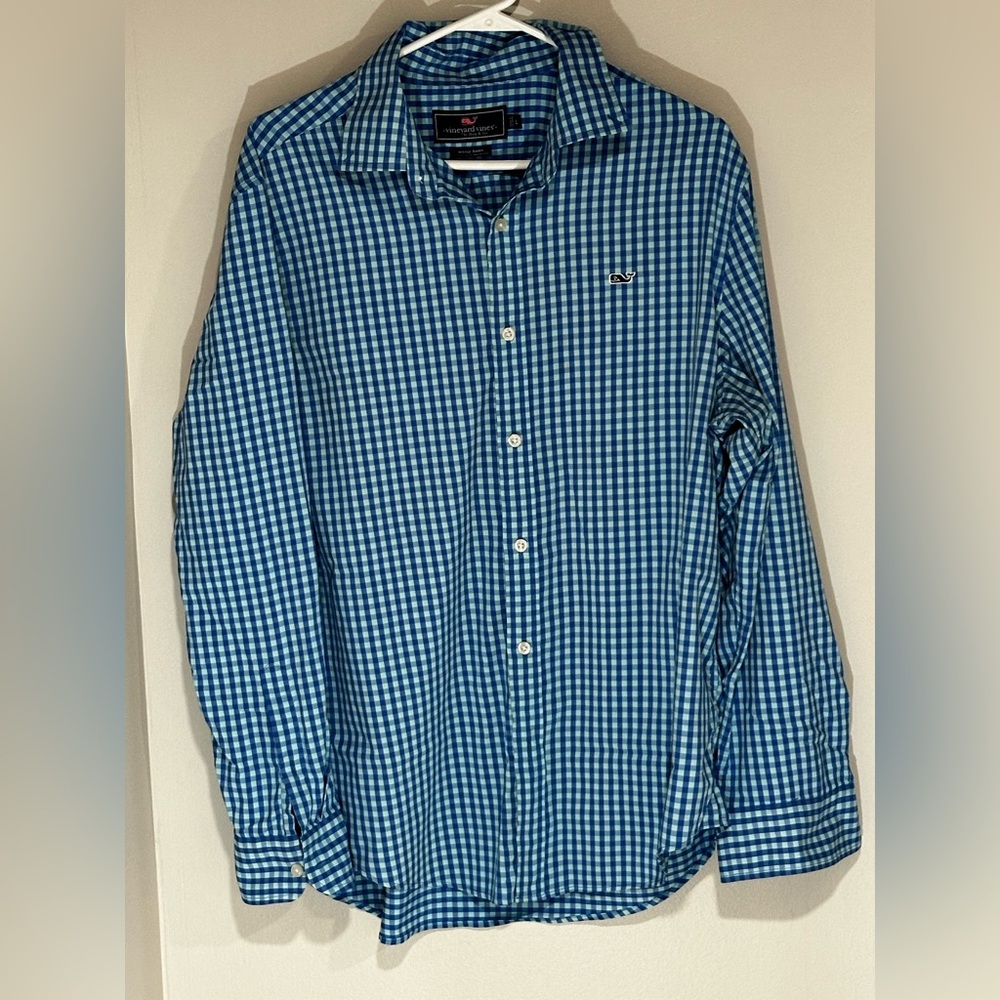 Vineyard Vines. Men's Blue Checkered Whale Shirt. By Shep and Ian. Size L.